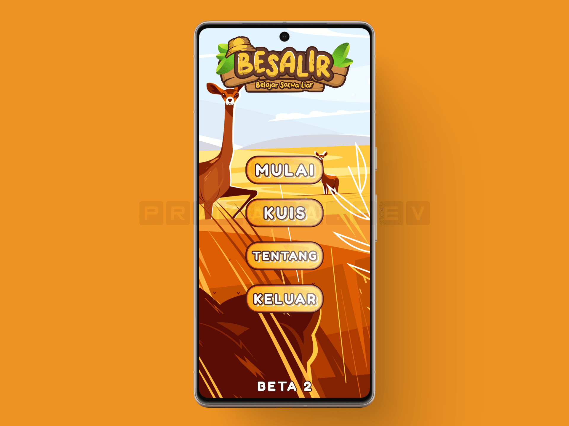 BESALIR home screen with safari-themed menu showing Mulai, Kuis, Tentang, and Keluar buttons