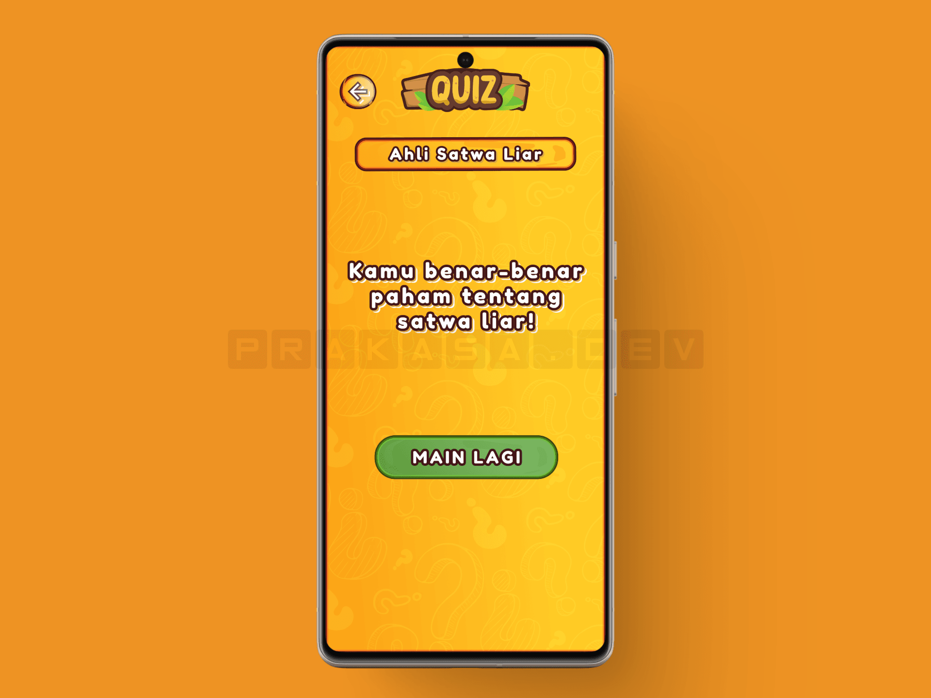 Quiz result screen awarding the 'Ahli Satwa Liar' title with a star graphic