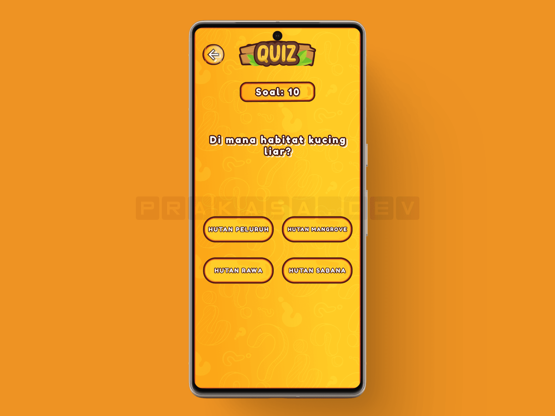 Quiz interface showing a multiple-choice question about animal diet with illustrated buttons