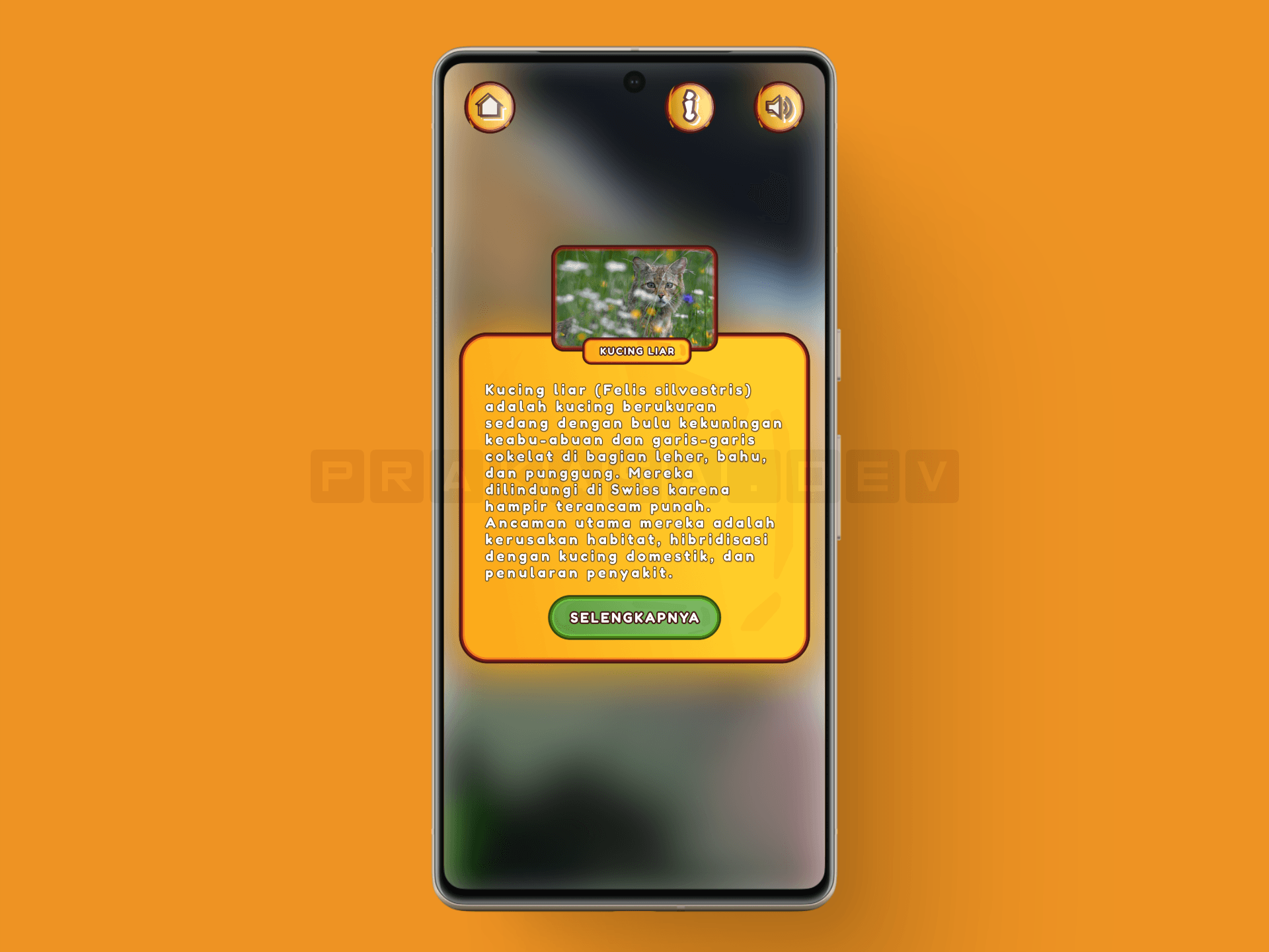 Animal information popup displaying species details with a summary and a green 'SELENGKAPNYA' button