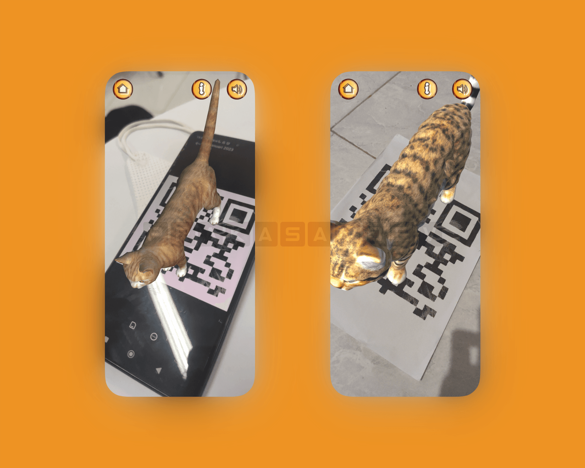 AR scanning in action, showing two 3D models rendered simultaneously over a phone screen and a printed paper marker