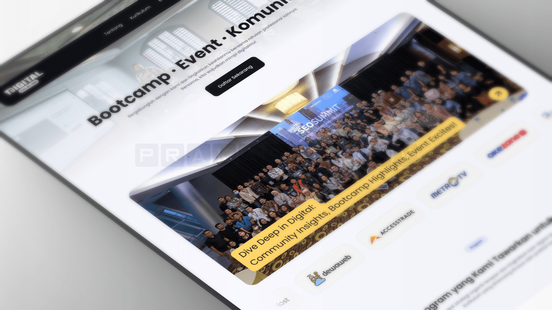 Digital Talkline homepage redesign on tablet showing hero section with community event photos, partner logos, and program navigation