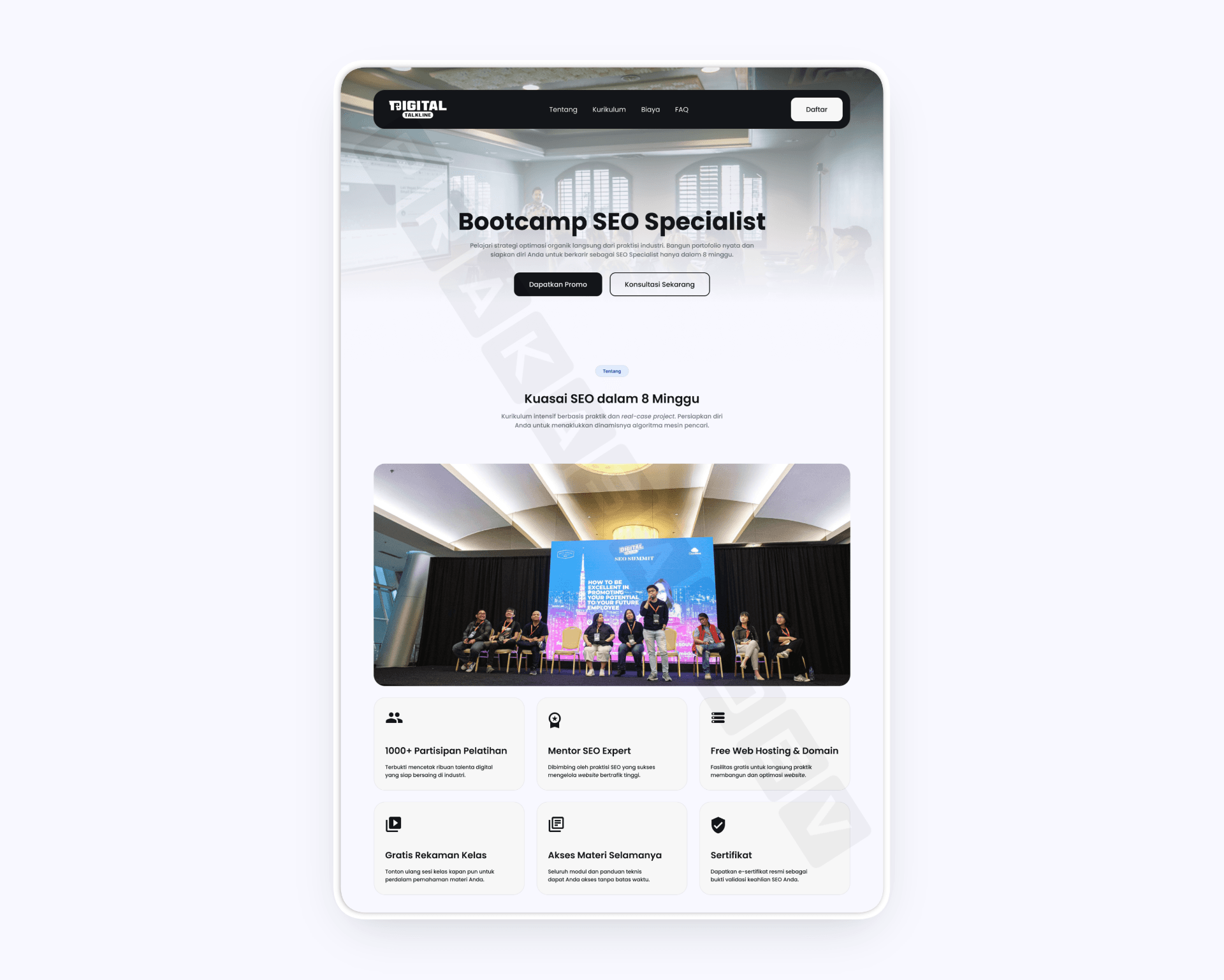 Digital Talkline bootcamp page showing Bootcamp SEO Specialist hero, 8-week program description, and six value proposition cards including 1000+ participants, expert mentors, and free hosting