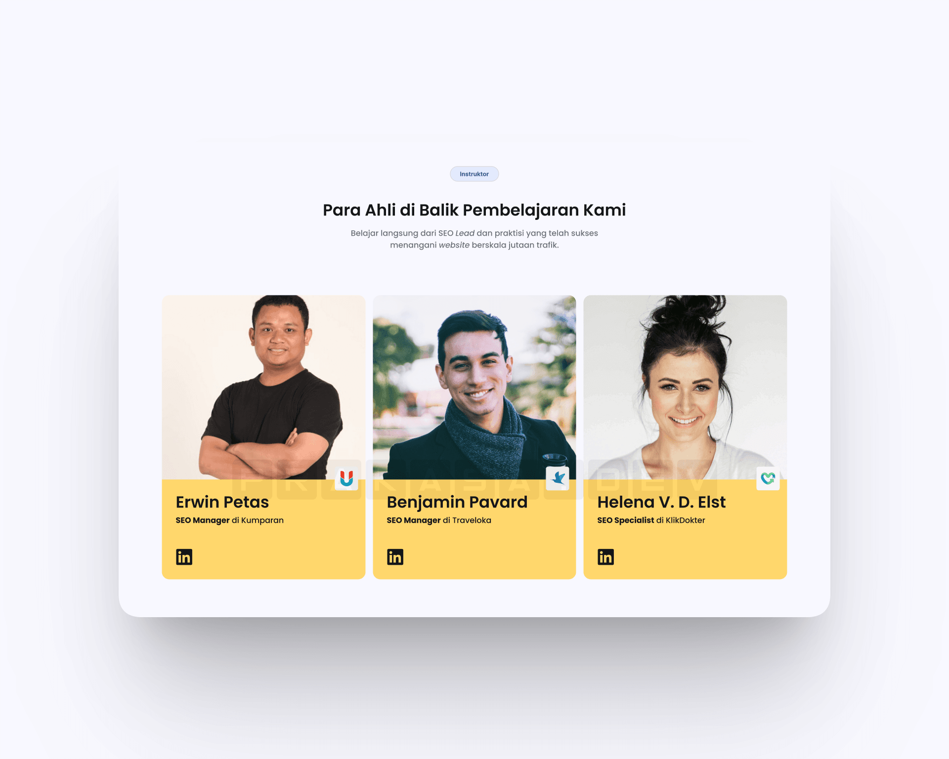 Instructor section Version A: three equal cards in a grid layout with yellow accent footers showing instructor names, roles at companies like Kumparan and Traveloka, and LinkedIn links