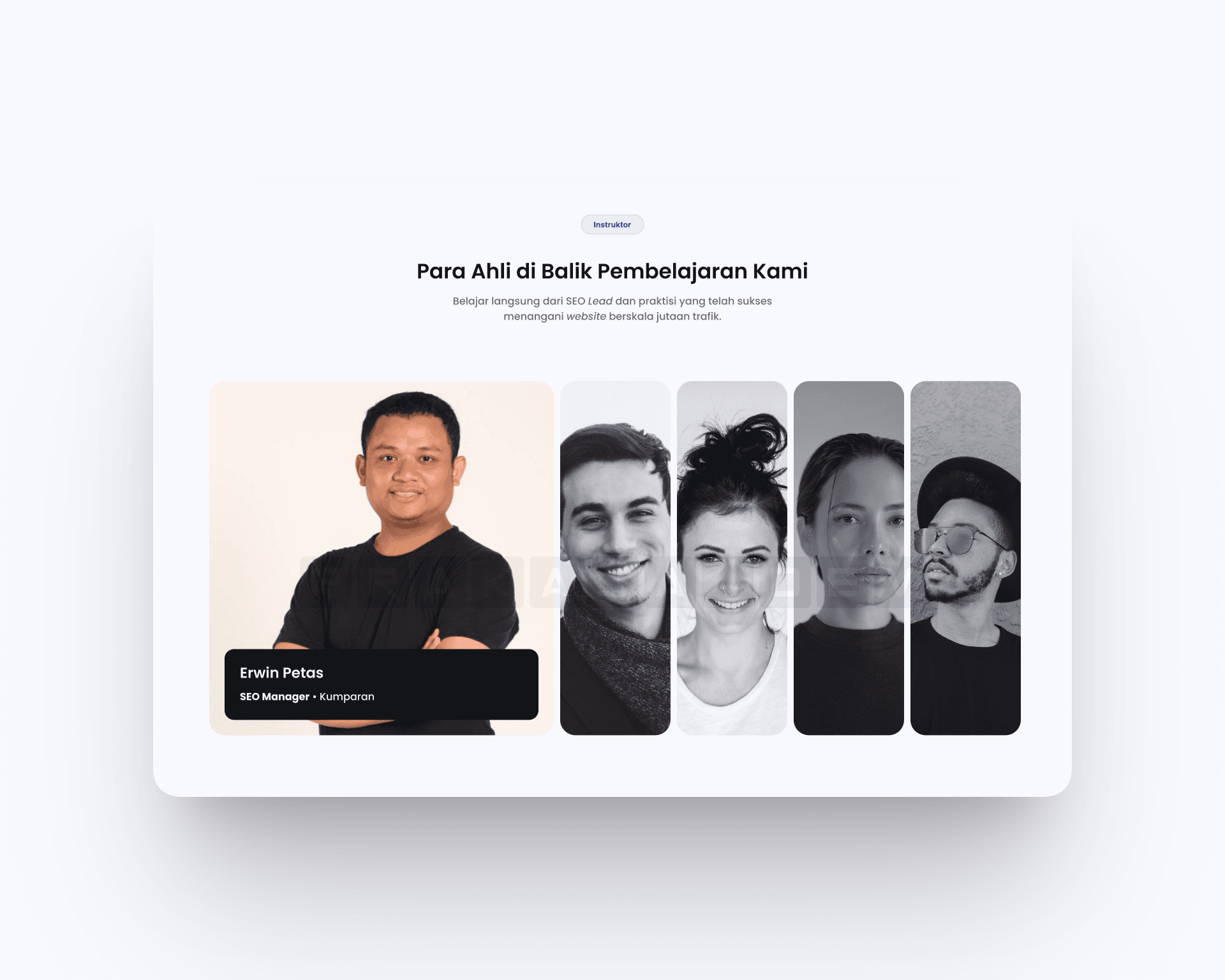 Instructor section Version B: accordion slider with expanding cards, active instructor shown in full color while others appear as narrow greyed-out strips