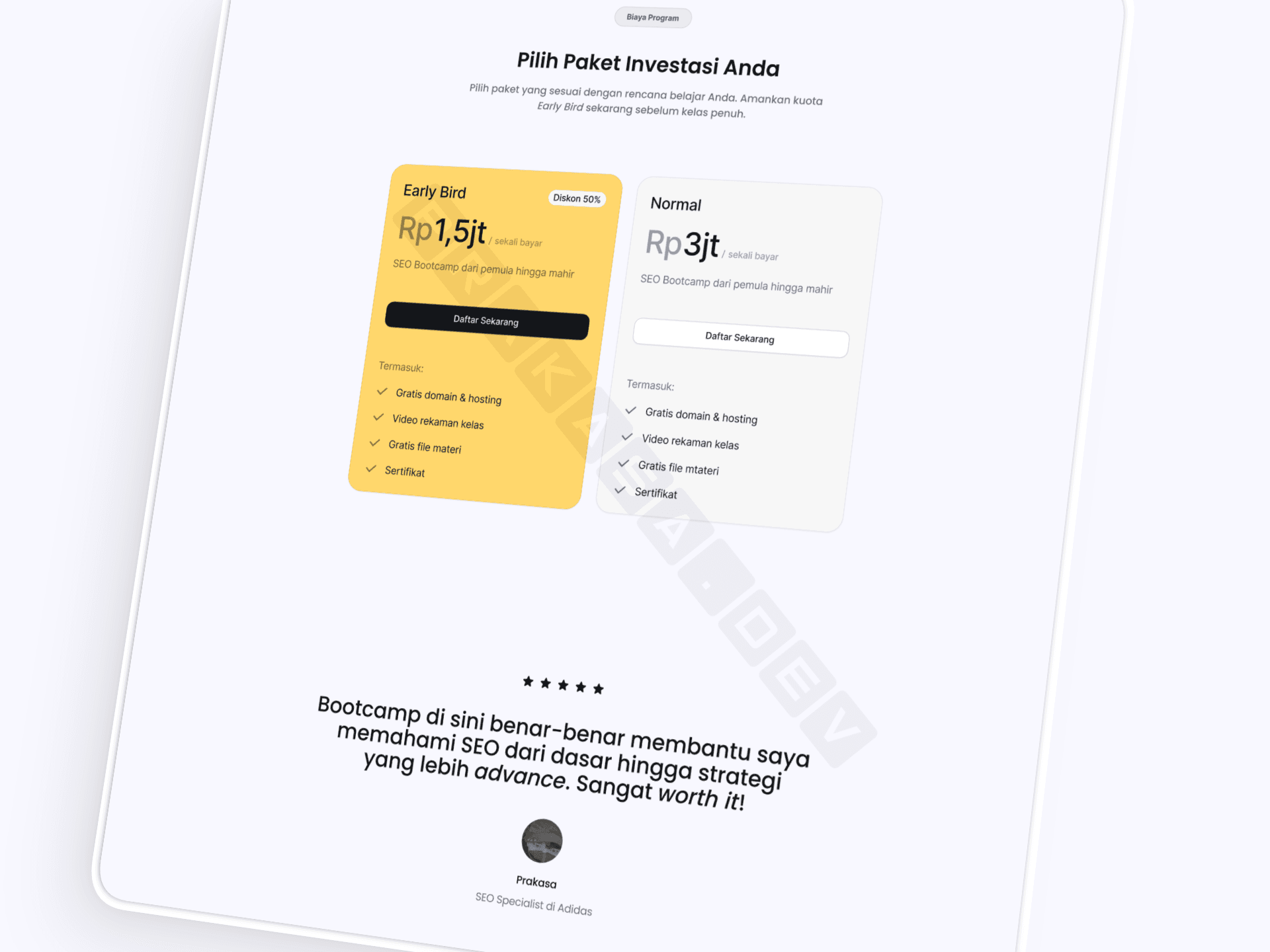 Digital Talkline pricing section showing Early Bird (Rp1.5jt with 50% discount) and Normal (Rp3jt) plan cards, followed by a 5-star student testimonial