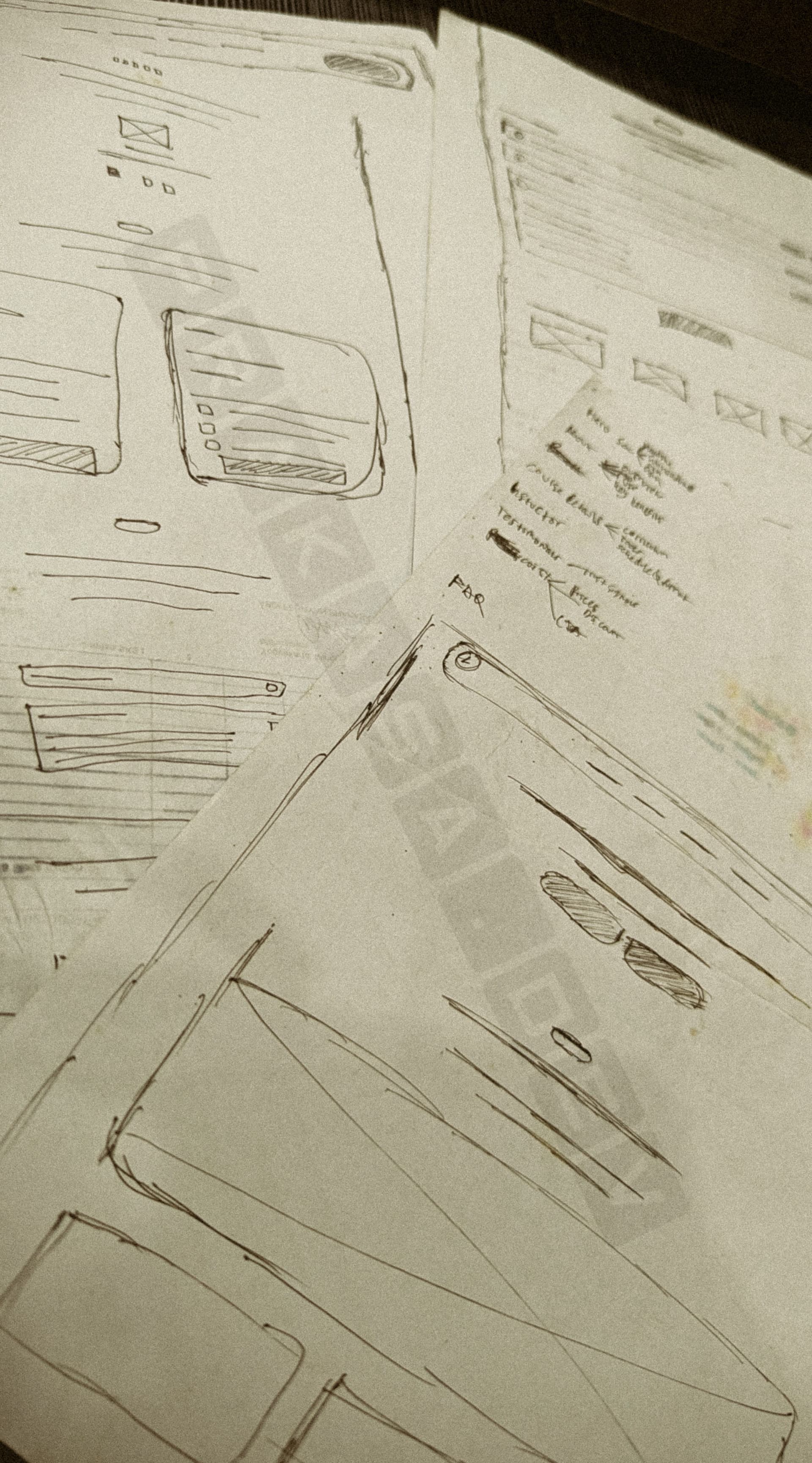 Hand-drawn paper wireframes showing the initial layout exploration for Digital Talkline's homepage and bootcamp page structure