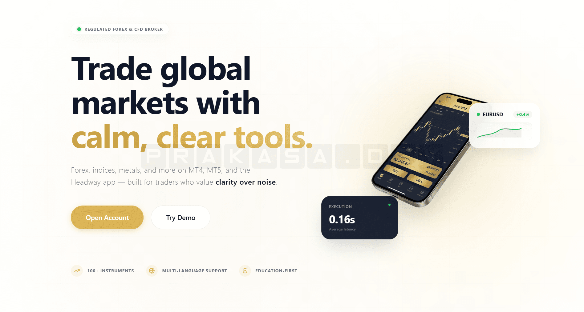HW-FXTrade homepage hero section with trading platform interface and CTA