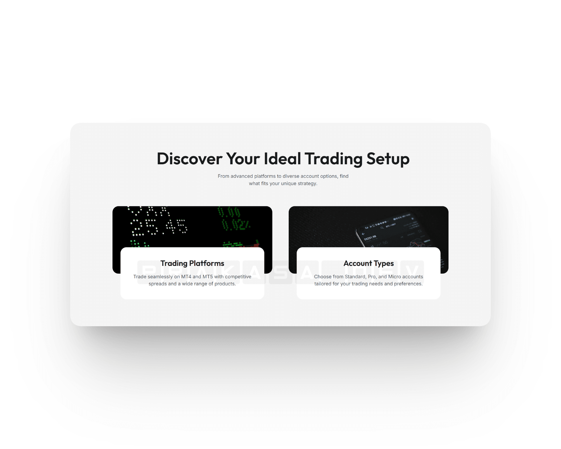 Card overlays detailing trading account types on MYFX Markets