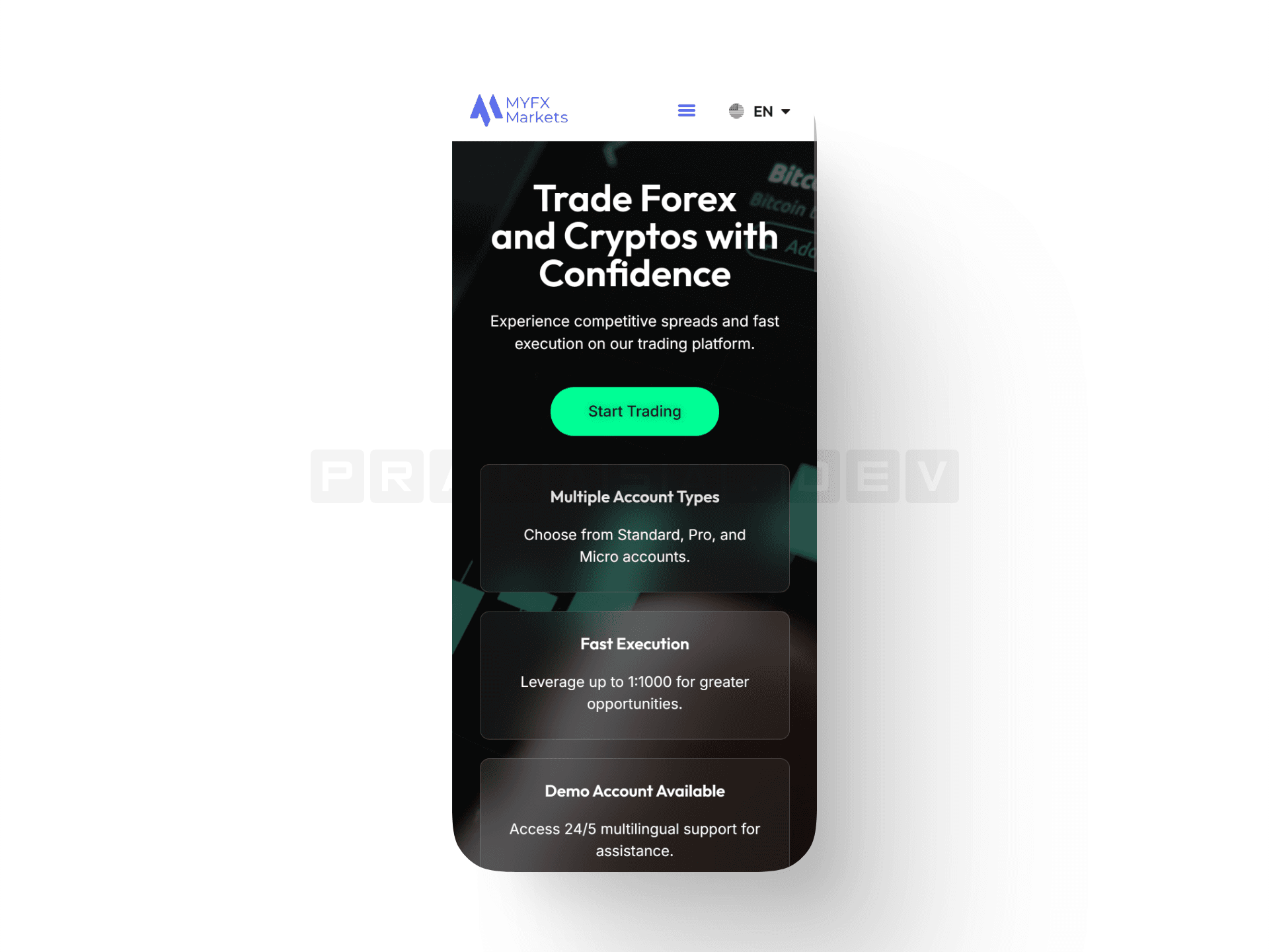 Mobile responsive rendering of the MYFX Markets interface
