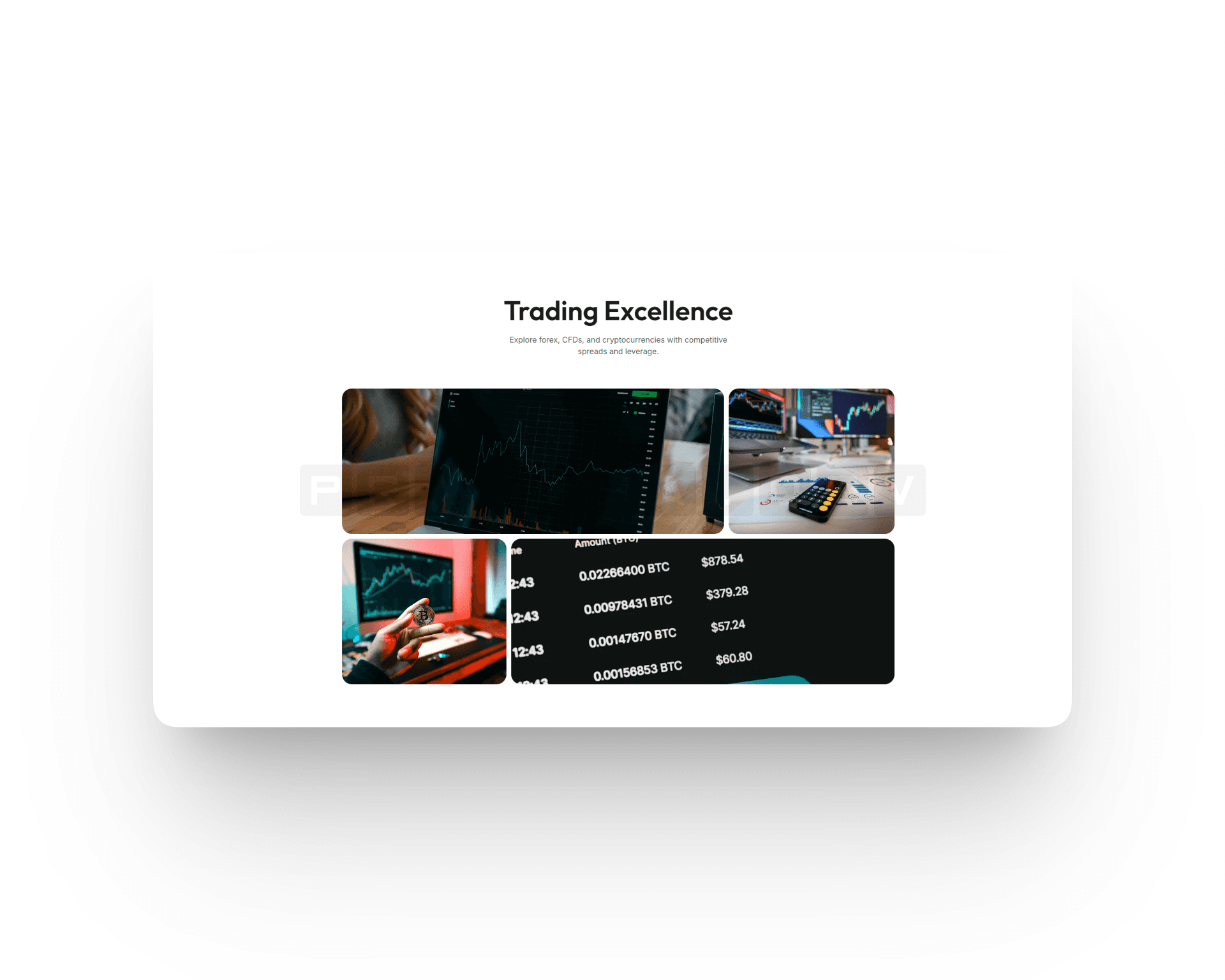 Bento grid layout showcasing trading features and mobile app interfaces