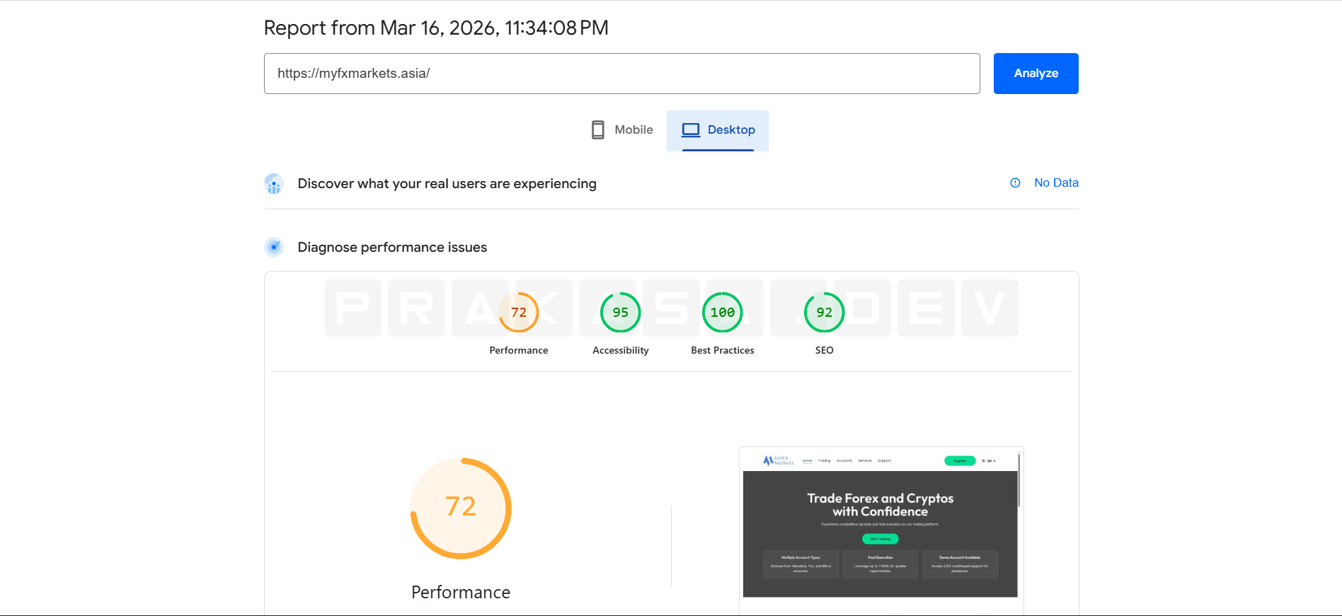 PageSpeed Web Before: 72 Performance