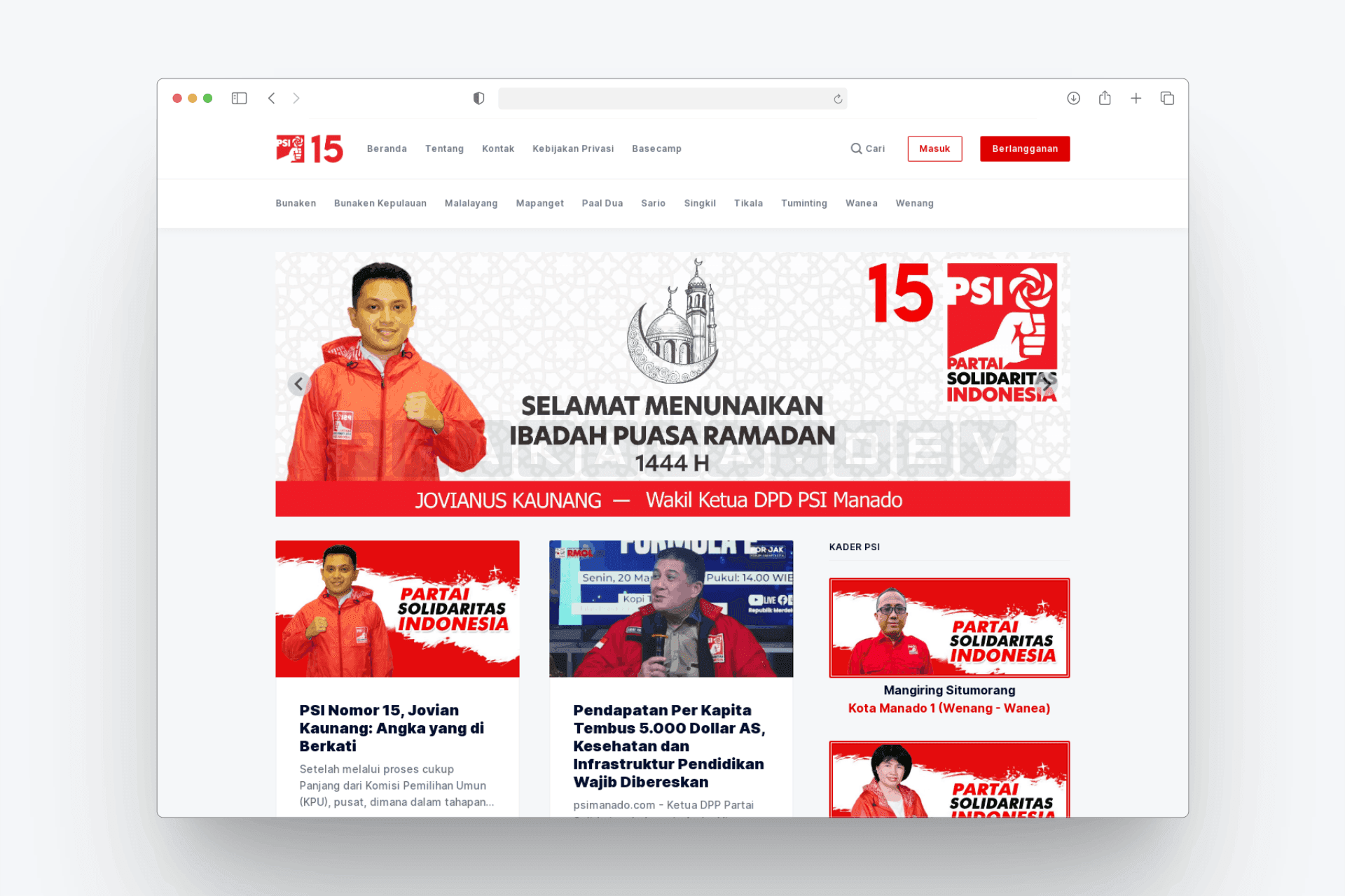 PSI Manado homepage showing hero carousel with party branding, district navigation, news articles, and kader sidebar with member profiles